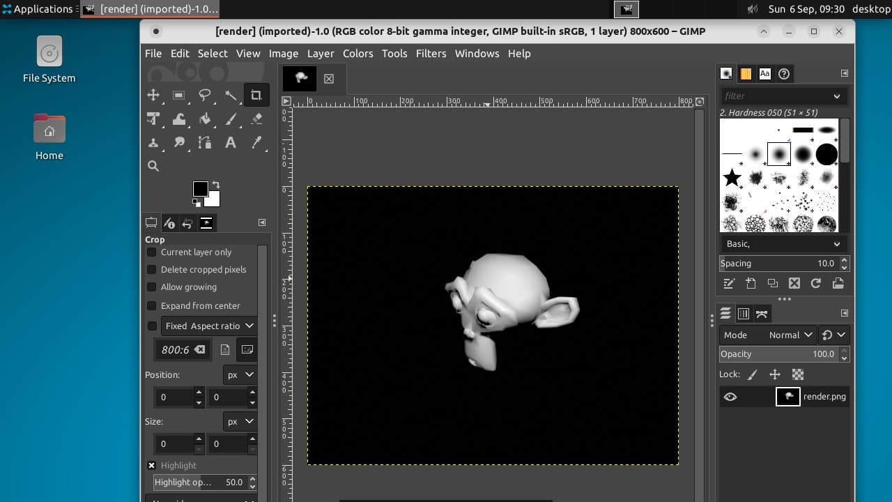 GIMP open on a desktop lease, with the rendered image loaded and the filter menu in use