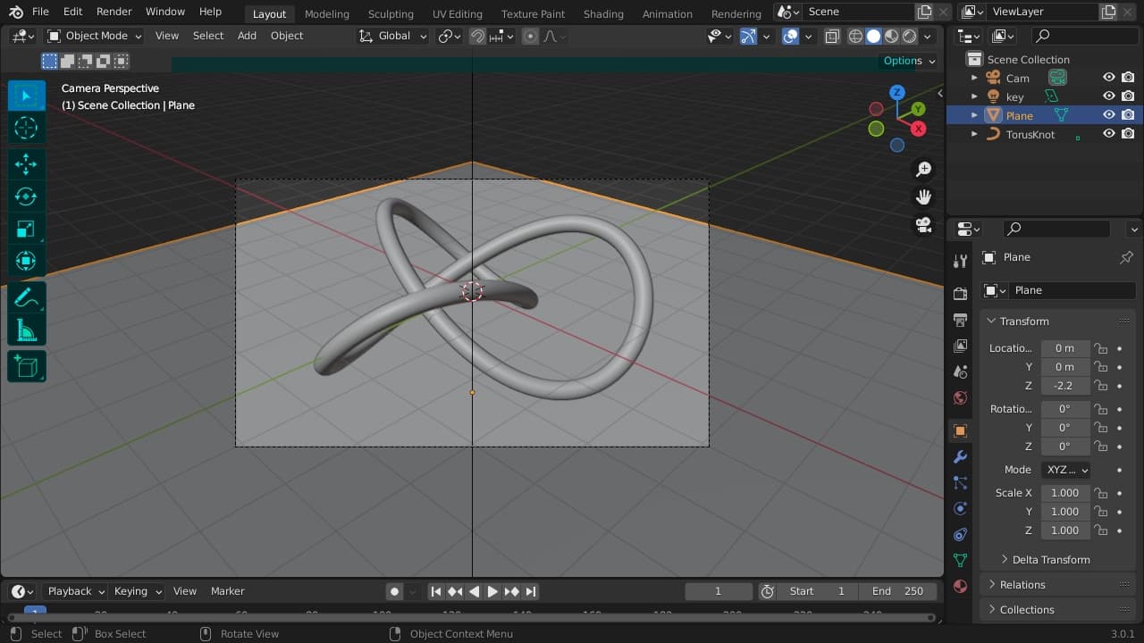 Blender open on a desktop-4 lease with a torus-knot scene framed in the camera view