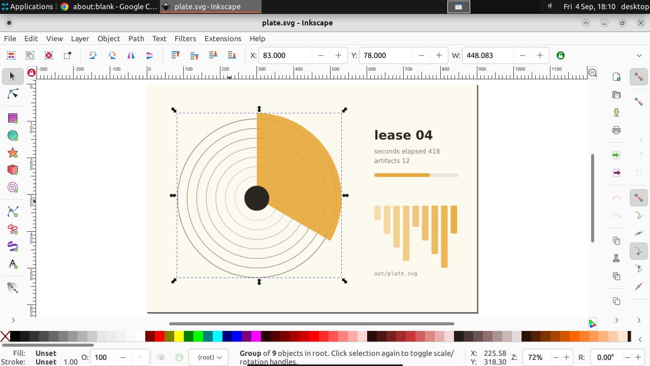 Inkscape on a desktop lease with a vector plate open and a group of nine objects selected on the canvas