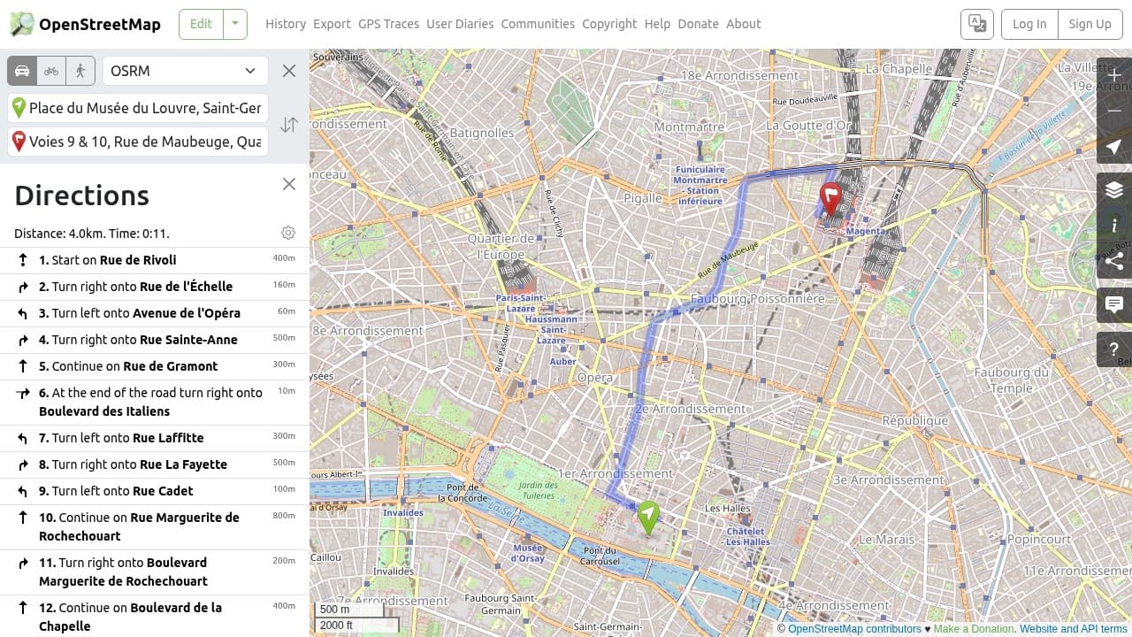 A browser lease showing a driving route on OpenStreetMap with turn-by-turn directions