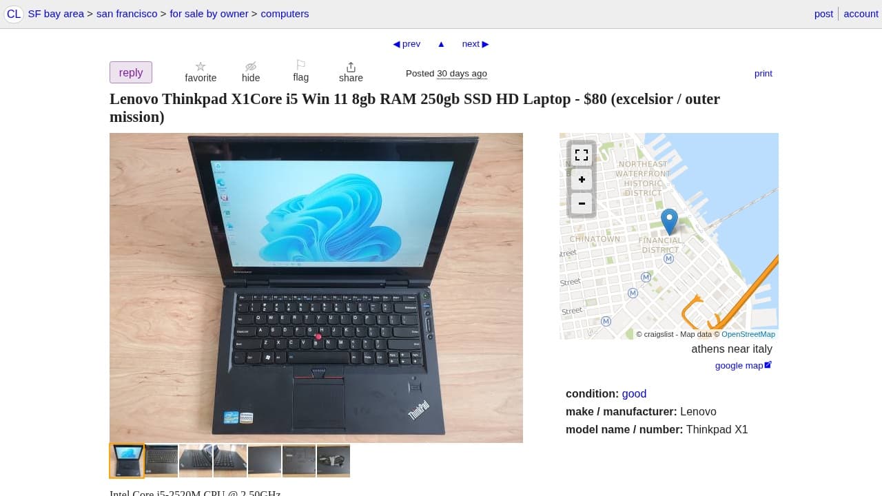 A browser lease on a classifieds listing showing the asking price, condition and the seller's location