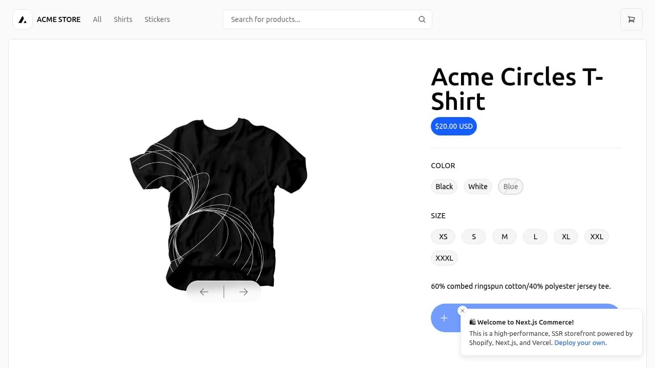 A browser lease on a live storefront, reading the price and the size and colour options of a product